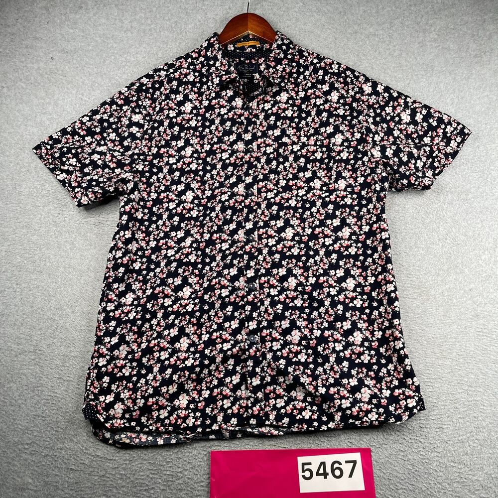 Across The Pond Navy Pink Floral Print Shirt XL Casual Button Up Short Sleeve